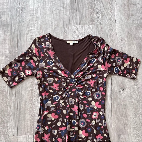 Boden Floral Midid Dress Women's 6 Brown Half Sleeve Stretch V Neck Pink Boho - Picture 2 of 13